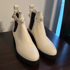 NWOT Karl Lagerfeld white boots with pearl accent